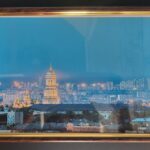 Настінна картина (фото) в рамці з фотографією панорама Києва у вечірній час.