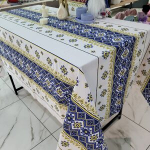 Скатертина лляна Орнамент синій 110х150см